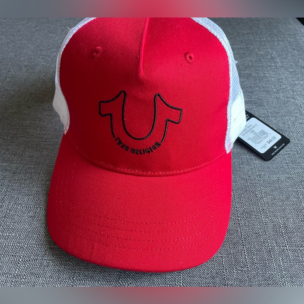 True Religion Ruby Red Black Trucker Mesh Snapback Hat Cap Adjustable OS New